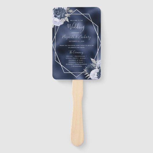 Dusty Blue Floral Silver Navy Folie Trouwprogramma Handwaaier (Voorkant)