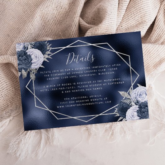 Dusty Blue Floral Silver Navy Folie Wedding Detail Informatiekaartje
