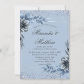 Dusty Blue Floral Silver Wedding Invitations (Voorkant)