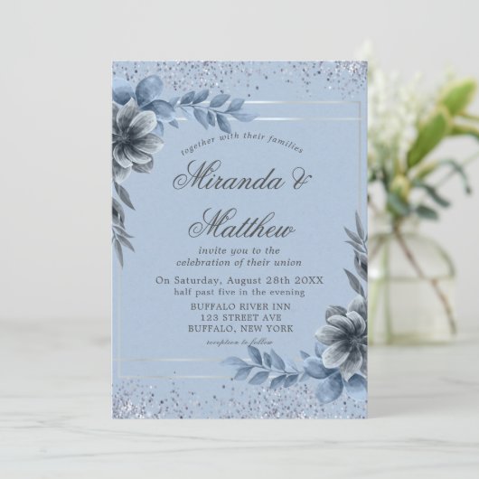 Dusty Blue Floral Silver Wedding Invitations (Staand voorkant)