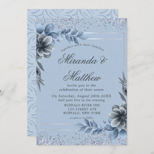 Dusty Blue Floral Silver Wedding Invitations (Voorkant / Achterkant)