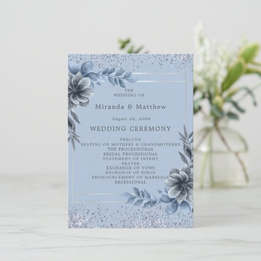 Dusty Blue Floral Silver Wedding Programme Kaart (Staand voorkant)