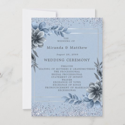 Dusty Blue Floral Silver Wedding Programme Kaart (Voorkant)