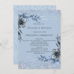 Dusty Blue Floral Silver Wedding Programme Kaart