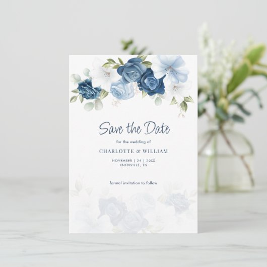 Dusty Blue Floral slaat de datum bekendmaking op (Staand voorkant)