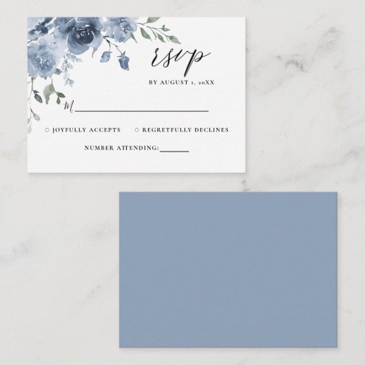 Dusty Blue Floral Slate Blue Pastel bruiloft RSVP Informatiekaartje (Voorkant / Achterkant)