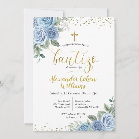 Dusty Blue Floral Spanish Boy Bautizo Invitation Kaart (Voorkant)