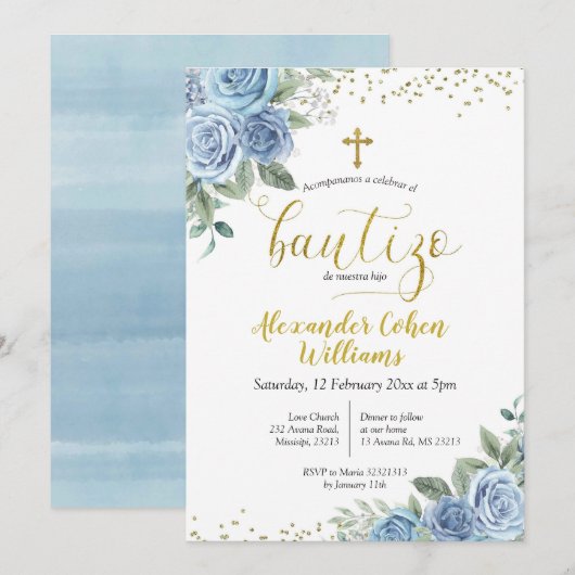 Dusty Blue Floral Spanish Boy Bautizo Invitation Kaart (Voorkant / Achterkant)