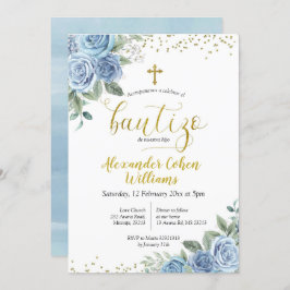 Dusty Blue Floral Spanish Boy Bautizo Invitation Kaart