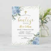 Dusty Blue Floral Spanish Boy Bautizo Kaart (Staand voorkant)