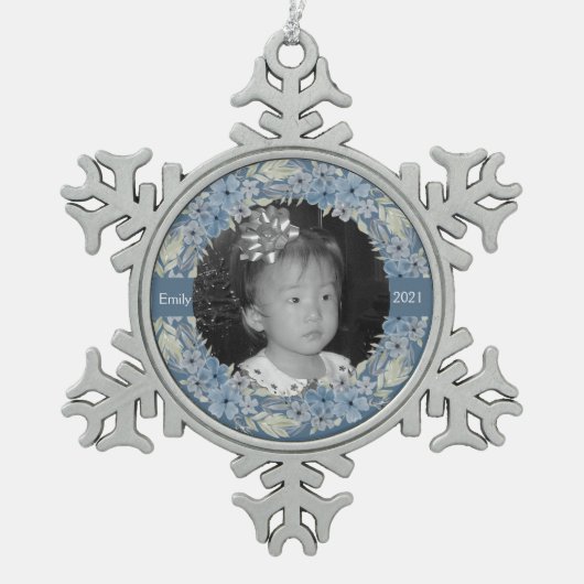 Dusty Blue Floral, speciaal aangepast Tin Sneeuwvlok Ornament (Voorkant)