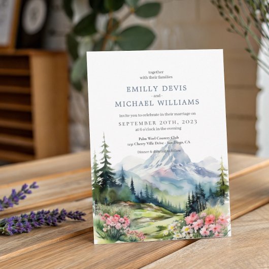 Dusty Blue Floral Spring Mountains Wedding Kaart