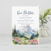 Dusty Blue Floral Spring Mountains Wedding Save The Date (Staand voorkant)