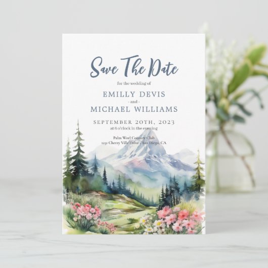 Dusty Blue Floral Spring Mountains Wedding Save The Date (Staand voorkant)