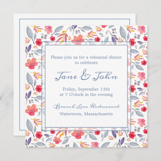 Dusty Blue Floral Square uitnodiging (Voorkant / Achterkant)