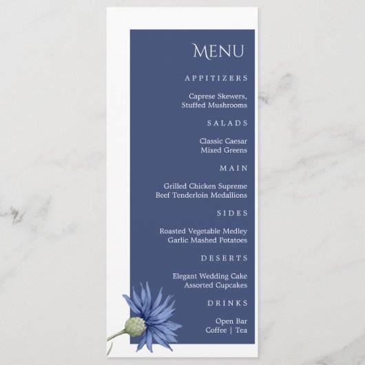 Dusty Blue Floral stijlvolle bruiloft menu (Voorkant)