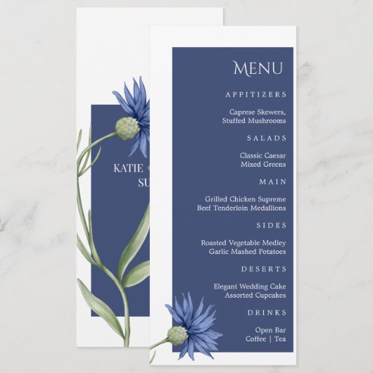 Dusty Blue Floral stijlvolle bruiloft menu (Voorkant / Achterkant)