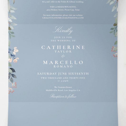 Dusty Blue Floral String Lights Foto Bruiloft Drieluik Uitnodiging (Binnenkant midden)