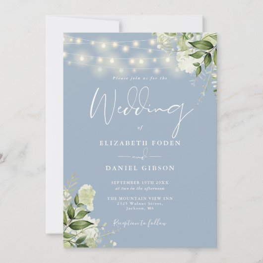 Dusty Blue Floral String Lights Foto Bruiloft Kaart (Voorkant)