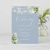 Dusty Blue Floral String Lights Foto Bruiloft Kaart (Staand voorkant)