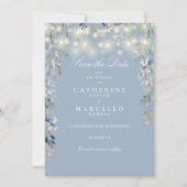 Dusty Blue Floral String Lights Foto Bruiloft Save The Date (Voorkant)