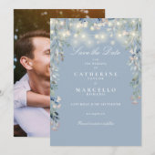 Dusty Blue Floral String Lights Foto Bruiloft Save The Date (Voorkant / Achterkant)