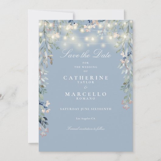 Dusty Blue Floral String Lights Wedding Save The Date (Voorkant)