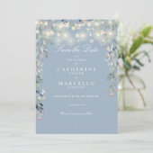 Dusty Blue Floral String Lights Wedding Save The Date (Staand voorkant)