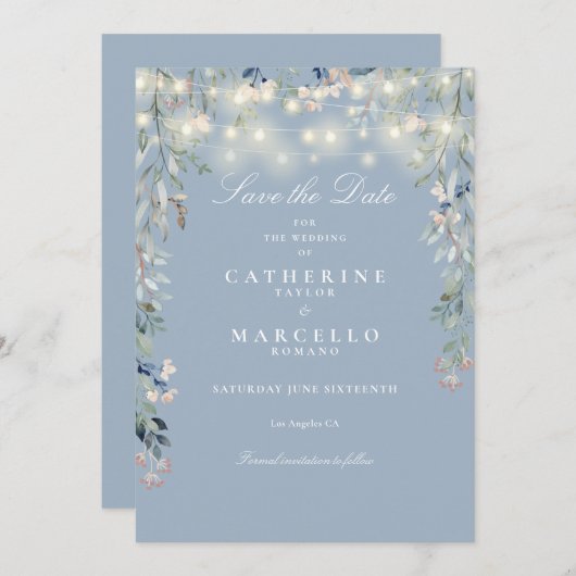 Dusty Blue Floral String Lights Wedding Save The Date (Voorkant / Achterkant)