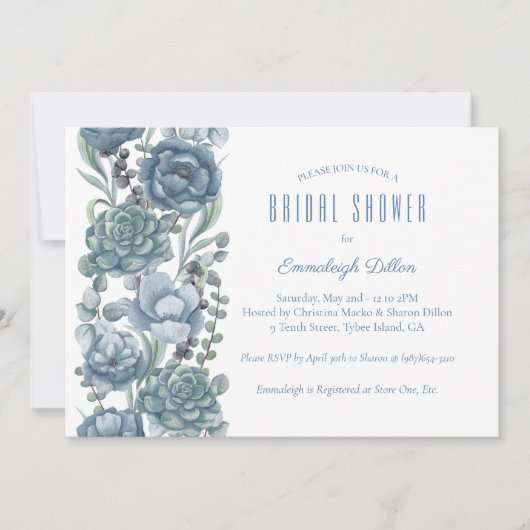 Dusty Blue Floral Succulents Vrijgezellenfeest Kaart (Voorkant)