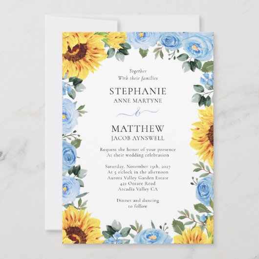 Dusty Blue Floral Sunflower Waterverf Wedding Kaart (Voorkant)