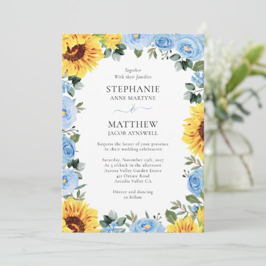 Dusty Blue Floral Sunflower Waterverf Wedding Kaart (Staand voorkant)