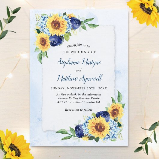 Dusty Blue Floral Sunflower Waterverf Wedding Kaart
