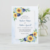 Dusty Blue Floral Sunflower Waterverf Wedding Kaart (Staand voorkant)