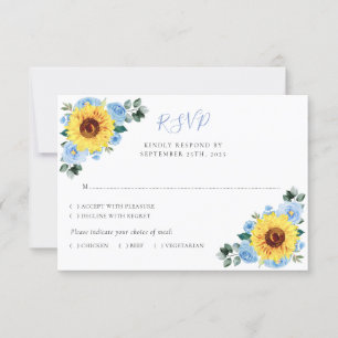 Dusty Blue Floral Sunflower Waterverf Wedding RSVP Kaartje