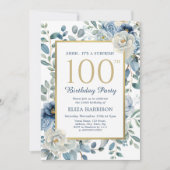 Dusty Blue Floral Surprise 100ste verjaardag Kaart (Voorkant)
