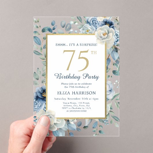 Dusty Blue Floral Surprise 75th Birthday Acryl Uitnodigingen (Insitu (Draagbaar))