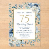 Dusty Blue Floral Surprise 75th Birthday Acryl Uitnodigingen (Voorkant)