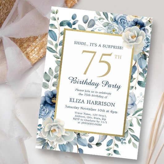 Dusty Blue Floral Surprise 75th Birthday Kaart