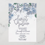 Dusty Blue Floral Sweet 16 Butterfly Silver Folie Uitnodiging<br><div class="desc">Dusty Blue Floral Sweet 16 Butterfly Silver Foil Invitation</div>