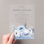 Dusty Blue Floral Sweet 16 Zestien Feest Acryl Uitnodigingen (Insitu (Draagbaar))