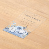 Dusty Blue Floral Sweet 16 Zestien Feest Acryl Uitnodigingen (Laagn)