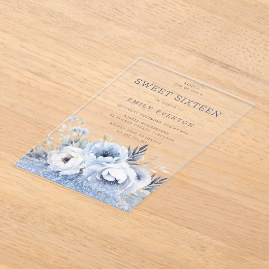 Dusty Blue Floral Sweet 16 Zestien Feest Acryl Uitnodigingen (Laagn)