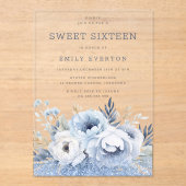 Dusty Blue Floral Sweet 16 Zestien Feest Acryl Uitnodigingen (Voorkant)