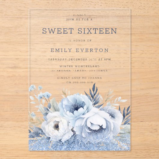 Dusty Blue Floral Sweet 16 Zestien Feest Acryl Uitnodigingen (Voorkant)