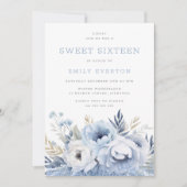 Dusty Blue Floral Sweet 16 Zestien Feest Kaart (Voorkant)