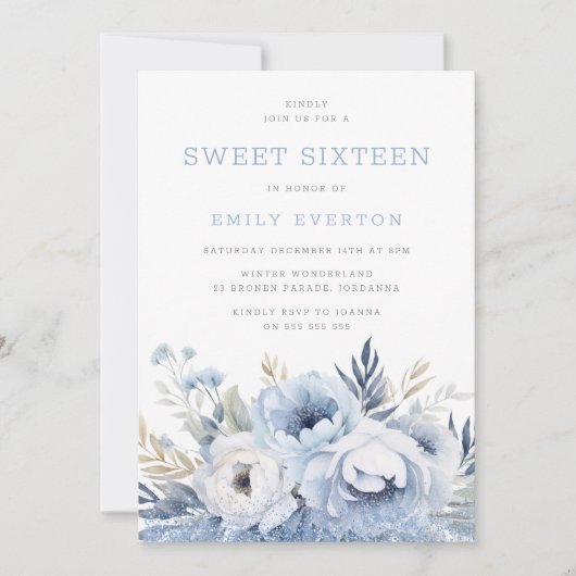 Dusty Blue Floral Sweet 16 Zestien Feest Kaart (Voorkant)