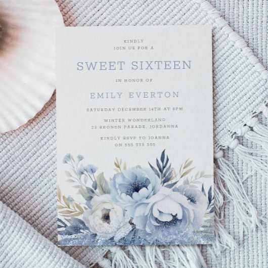 Dusty Blue Floral Sweet 16 Zestien Feest Kaart