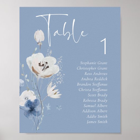 Dusty Blue Floral Tafel Zittafel Grafiek Poster (Voorkant)