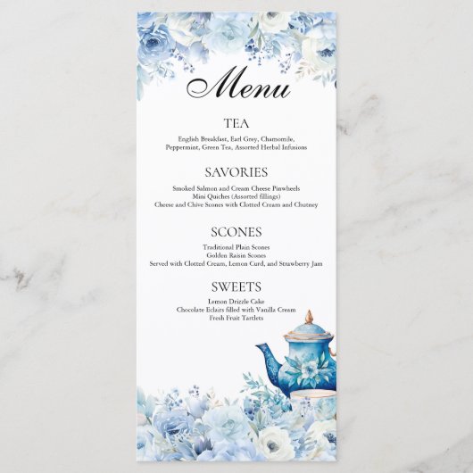 Dusty Blue Floral Tea Party Menu (Voorkant)